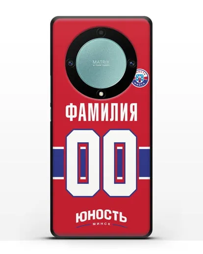 Именной чехол ХК Юность-Минск с фамилией и номером (сезон 2018-2019) красная форма силиконовый для Honor X9a