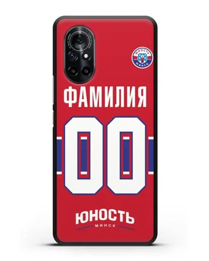 Именной чехол ХК Юность-Минск с фамилией и номером (сезон 2018-2019) красная форма силиконовый для Huawei Nova 8