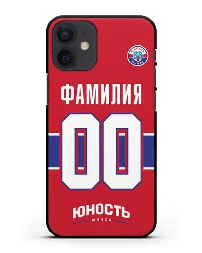 Именной чехол ХК Юность-Минск с фамилией и номером (сезон 2018-2019) красная форма силиконовый для iPhone 12 mini