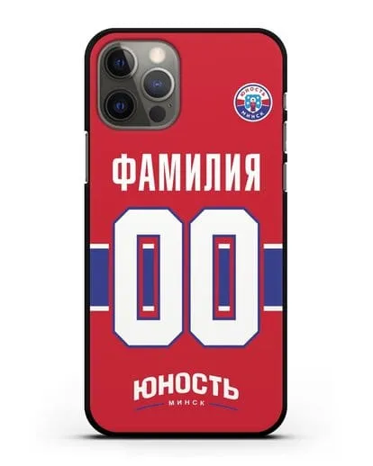 Именной чехол ХК Юность-Минск с фамилией и номером (сезон 2018-2019) красная форма силиконовый для iPhone 12 Pro