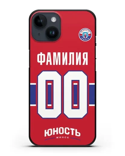 Именной чехол ХК Юность-Минск с фамилией и номером (сезон 2018-2019) красная форма силиконовый для iPhone 14