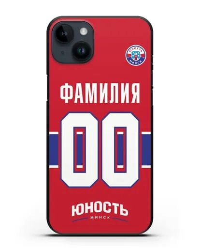 Именной чехол ХК Юность-Минск с фамилией и номером (сезон 2018-2019) красная форма силиконовый для iPhone 14 Plus