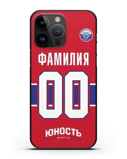 Именной чехол ХК Юность-Минск с фамилией и номером (сезон 2018-2019) красная форма силиконовый для iPhone 14 Pro Max