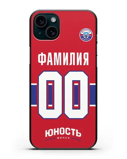 Именной чехол ХК Юность-Минск с фамилией и номером (сезон 2018-2019) красная форма силиконовый для iPhone 15 Plus
