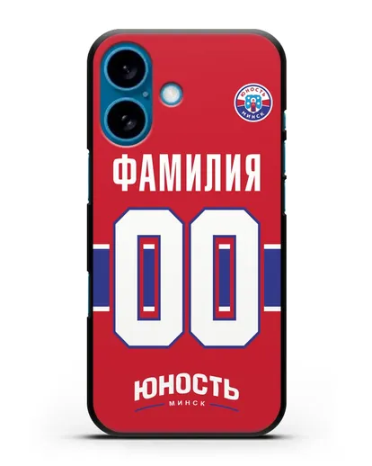 Именной чехол ХК Юность-Минск с фамилией и номером (сезон 2018-2019) красная форма силиконовый для iPhone 16