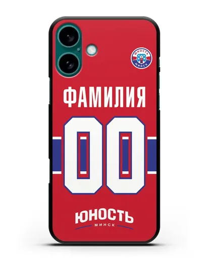 Именной чехол ХК Юность-Минск с фамилией и номером (сезон 2018-2019) красная форма силиконовый для iPhone 16 Plus