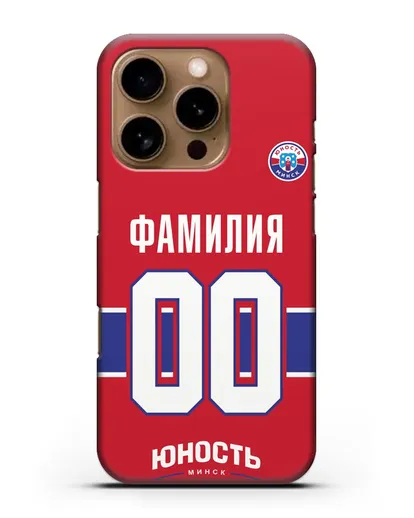 Именной чехол ХК Юность-Минск с фамилией и номером (сезон 2018-2019) красная форма силиконовый для iPhone 16 Pro