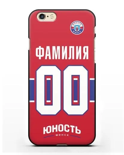 Именной чехол ХК Юность-Минск с фамилией и номером (сезон 2018-2019) красная форма силиконовый для iPhone 6
