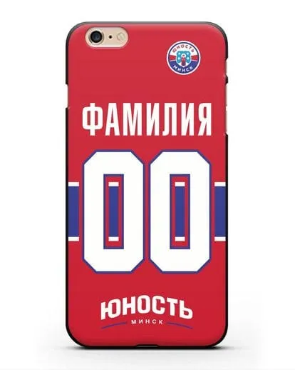 Именной чехол ХК Юность-Минск с фамилией и номером (сезон 2018-2019) красная форма силиконовый для iPhone 6 Plus