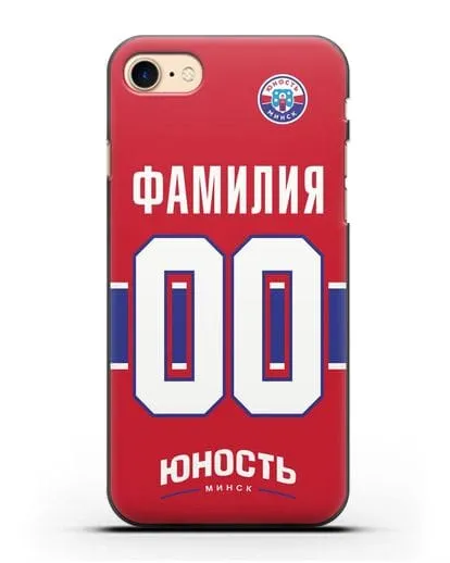 Именной чехол ХК Юность-Минск с фамилией и номером (сезон 2018-2019) красная форма силиконовый для iPhone 8