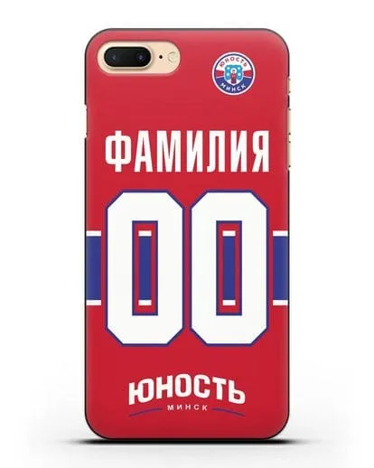 Именной чехол ХК Юность-Минск с фамилией и номером (сезон 2018-2019) красная форма силиконовый для iPhone 8 Plus