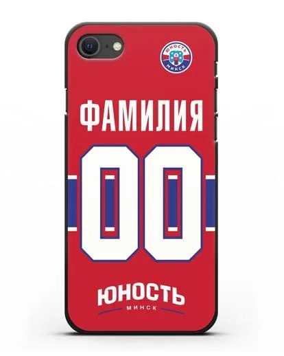 Именной чехол ХК Юность-Минск с фамилией и номером (сезон 2018-2019) красная форма силиконовый для iPhone SE 2020