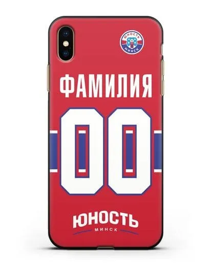 Именной чехол ХК Юность-Минск с фамилией и номером (сезон 2018-2019) красная форма силиконовый для iPhone XS Max