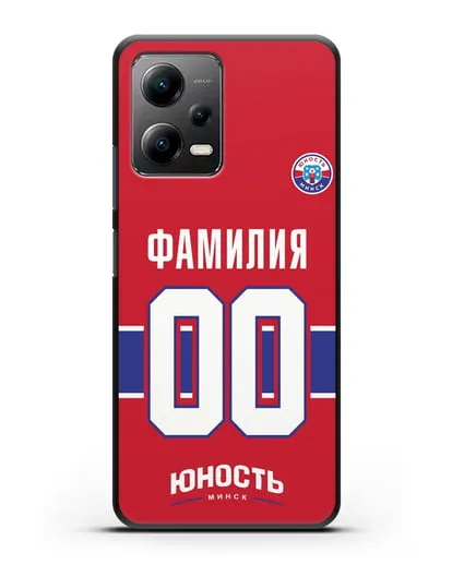 Именной чехол ХК Юность-Минск с фамилией и номером (сезон 2018-2019) красная форма силиконовый для Xiaomi Poco X5