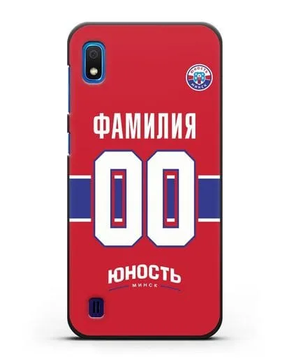 Именной чехол ХК Юность-Минск с фамилией и номером (сезон 2018-2019) красная форма силиконовый для Samsung Galaxy A10 [SM-A105F]