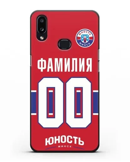 Именной чехол ХК Юность-Минск с фамилией и номером (сезон 2018-2019) красная форма силиконовый для Samsung Galaxy A10s [SM-F107F]