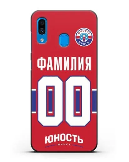 Именной чехол ХК Юность-Минск с фамилией и номером (сезон 2018-2019) красная форма силиконовый для Samsung Galaxy A30 [SM-A305FN]