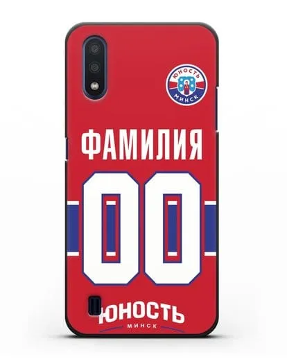 Именной чехол ХК Юность-Минск с фамилией и номером (сезон 2018-2019) красная форма силиконовый для Samsung Galaxy M01 [SM-M015F]