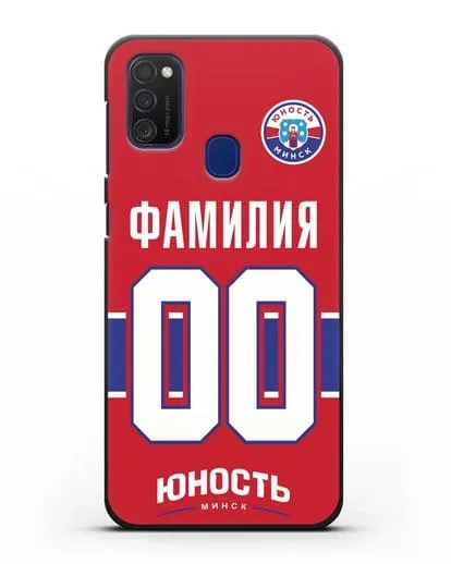 Именной чехол ХК Юность-Минск с фамилией и номером (сезон 2018-2019) красная форма силиконовый для Samsung Galaxy M21 [SM-M215F]
