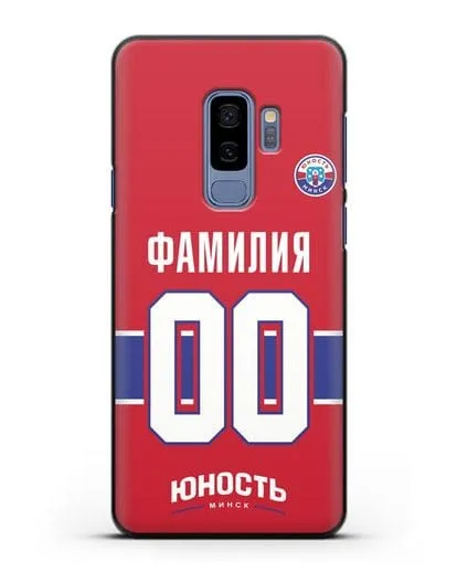 Именной чехол ХК Юность-Минск с фамилией и номером (сезон 2018-2019) красная форма силиконовый для Samsung Galaxy S9 Plus [SM-G965F]