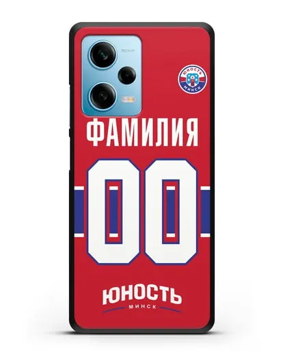 Именной чехол ХК Юность-Минск с фамилией и номером (сезон 2018-2019) красная форма силиконовый для Xiaomi Redmi Note 12 5G