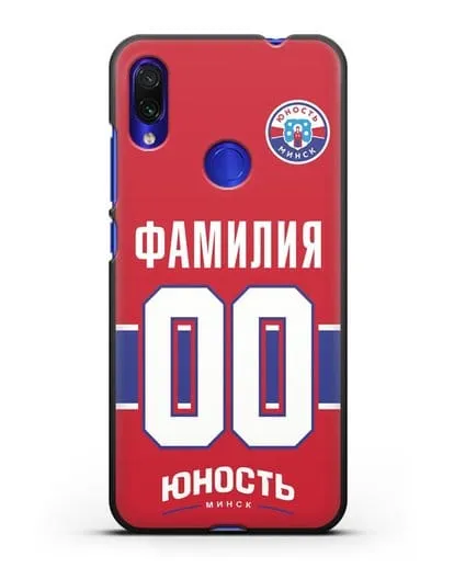 Именной чехол ХК Юность-Минск с фамилией и номером (сезон 2018-2019) красная форма силиконовый для Xiaomi Redmi Note 7
