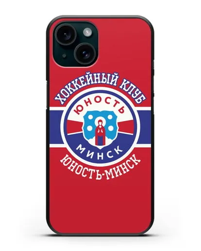 Чеxол с логотипом ХК Юность-Минск с красным фоном силиконовый для iPhone 15