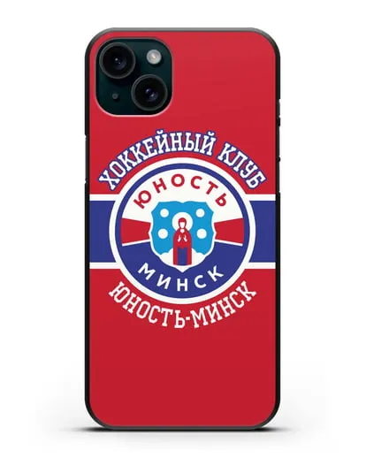 Чеxол с логотипом ХК Юность-Минск с красным фоном силиконовый для iPhone 15 Plus
