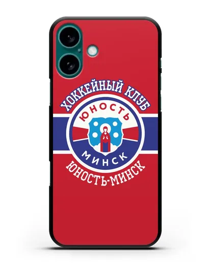 Чеxол с логотипом ХК Юность-Минск с красным фоном силиконовый для iPhone 16 Plus