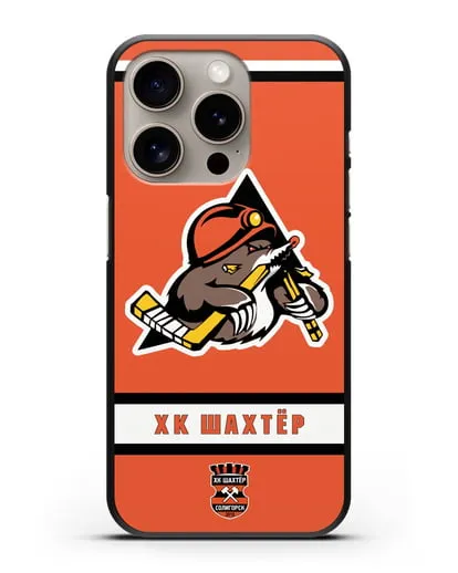 Чеxол с логотипом ХК Шахтёр-Солигорск с оранжевым фоном силиконовый для iPhone 15 Pro