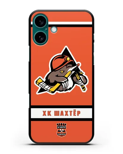 Чеxол с логотипом ХК Шахтёр-Солигорск с оранжевым фоном силиконовый для iPhone 16 Plus