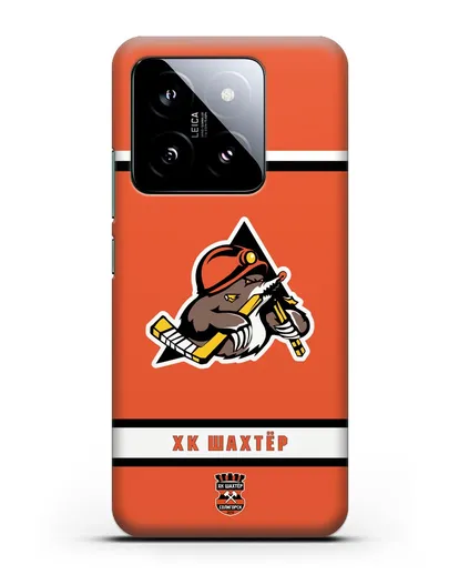 Чеxол с логотипом ХК Шахтёр-Солигорск с оранжевым фоном силиконовый для Xiaomi 14