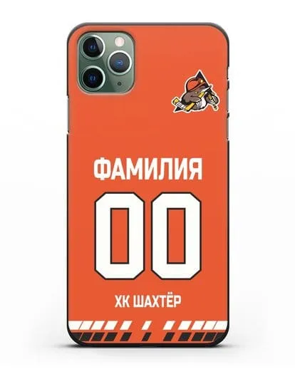 Именной чехол ХК Шахтер-Солигорск с фамилией и номером (сезон 2019-2020) оранжевая форма силиконовый для iPhone 11 Pro