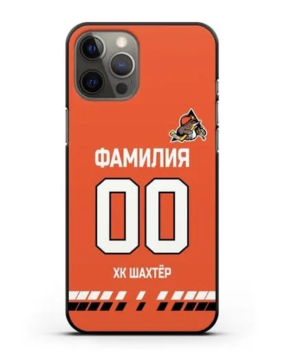 Именной чехол ХК Шахтер-Солигорск с фамилией и номером (сезон 2019-2020) оранжевая форма силиконовый для iPhone 12 Pro Max