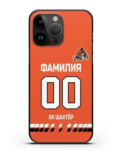 Именной чехол ХК Шахтер-Солигорск с фамилией и номером (сезон 2019-2020) оранжевая форма силиконовый для iPhone 14 Pro Max