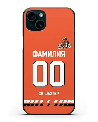 Именной чехол ХК Шахтер-Солигорск с фамилией и номером (сезон 2019-2020) оранжевая форма силиконовый для iPhone 15 Plus
