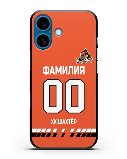 Именной чехол ХК Шахтер-Солигорск с фамилией и номером (сезон 2019-2020) оранжевая форма силиконовый для iPhone 16