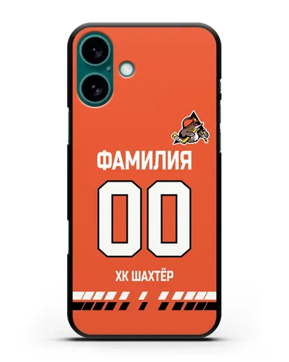 Именной чехол ХК Шахтер-Солигорск с фамилией и номером (сезон 2019-2020) оранжевая форма силиконовый для iPhone 16 Plus