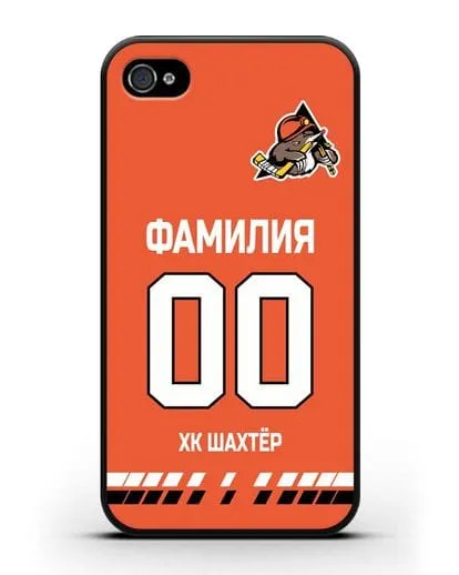 Именной чехол ХК Шахтер-Солигорск с фамилией и номером (сезон 2019-2020) оранжевая форма силиконовый для iPhone 4/4s