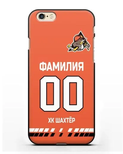 Именной чехол ХК Шахтер-Солигорск с фамилией и номером (сезон 2019-2020) оранжевая форма силиконовый для iPhone 6s