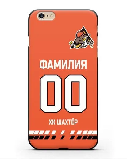 Именной чехол ХК Шахтер-Солигорск с фамилией и номером (сезон 2019-2020) оранжевая форма силиконовый для iPhone 6 Plus