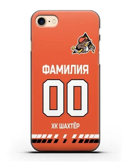 Именной чехол ХК Шахтер-Солигорск с фамилией и номером (сезон 2019-2020) оранжевая форма силиконовый для iPhone 8