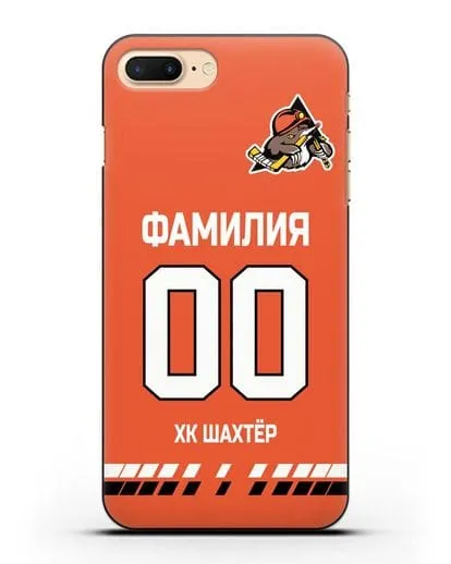 Именной чехол ХК Шахтер-Солигорск с фамилией и номером (сезон 2019-2020) оранжевая форма силиконовый для iPhone 8 Plus