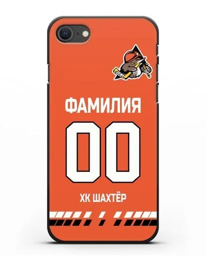 Именной чехол ХК Шахтер-Солигорск с фамилией и номером (сезон 2019-2020) оранжевая форма силиконовый для iPhone SE 2020