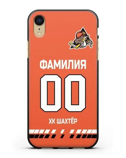 Именной чехол ХК Шахтер-Солигорск с фамилией и номером (сезон 2019-2020) оранжевая форма силиконовый для iPhone XR