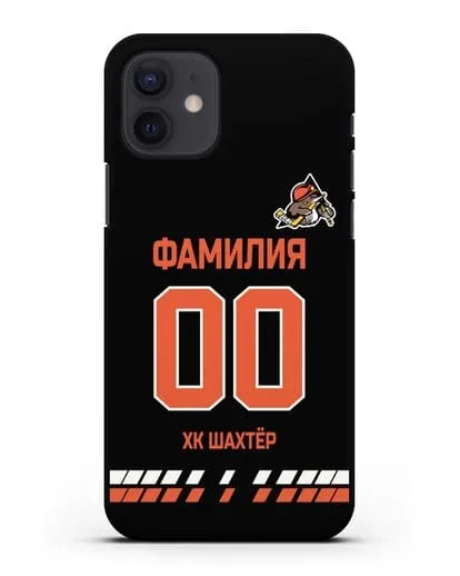 Именной чехол ХК Шахтер-Солигорск с фамилией и номером (сезон 2019-2020) черная форма силиконовый для iPhone 12