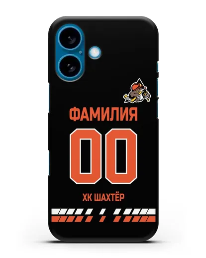 Именной чехол ХК Шахтер-Солигорск с фамилией и номером (сезон 2019-2020) черная форма силиконовый для iPhone 16