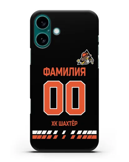 Именной чехол ХК Шахтер-Солигорск с фамилией и номером (сезон 2019-2020) черная форма силиконовый для iPhone 16 Plus