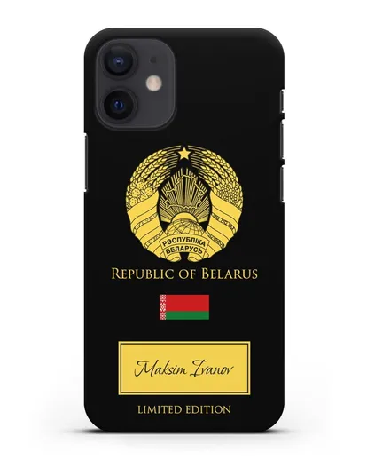 Чехол с гербом и флагом Республики Беларусь с именем, фамилией на английском языке силиконовый для iPhone 12 mini