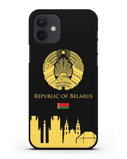 Чехол с гербом Беларуси и силуэтами Минска с надписью на английском языке силиконовый для iPhone 12